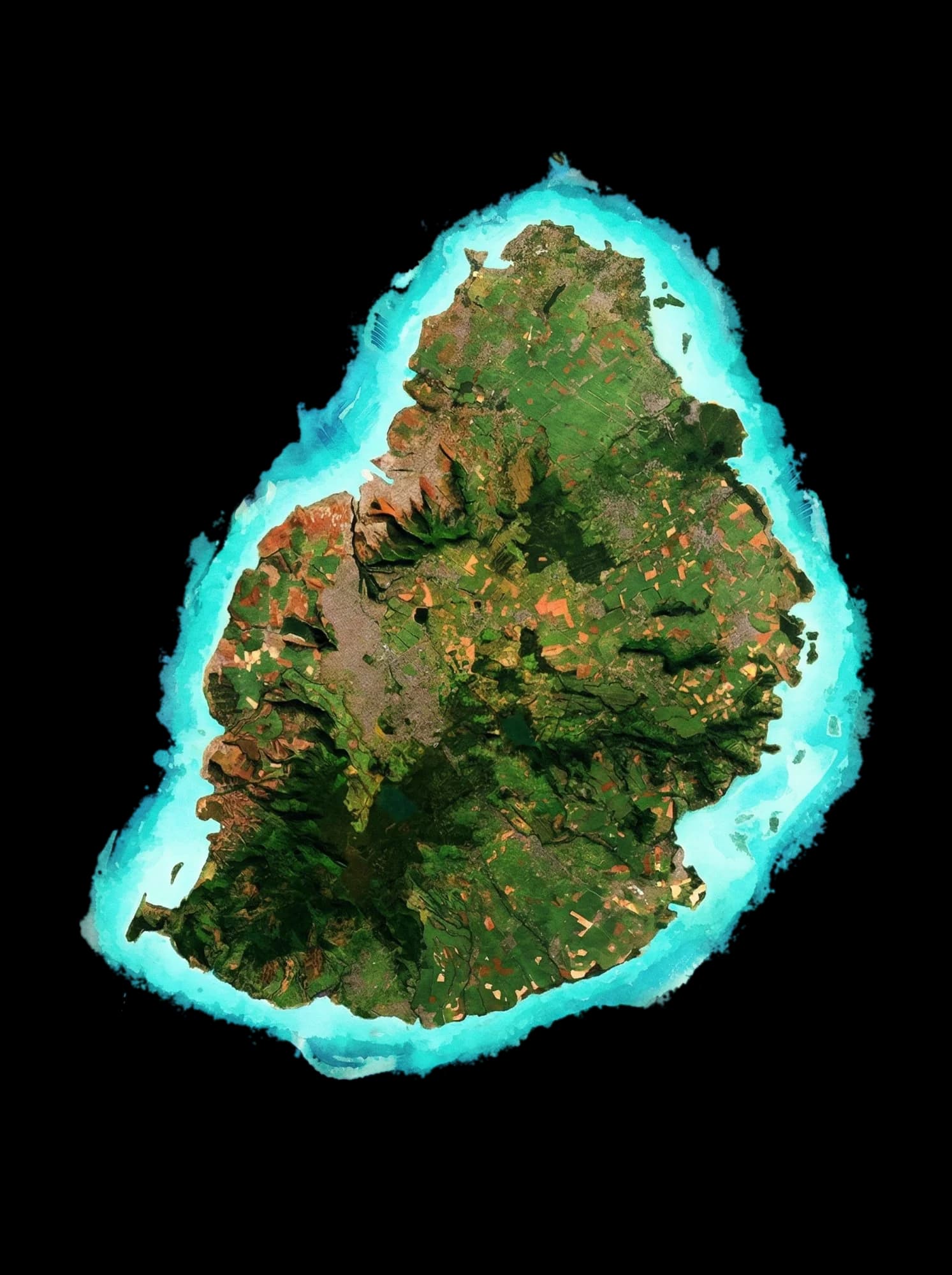 Aerial satellite view of Mauritius island